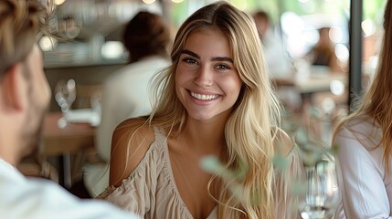 Young woman enjoying a conversation at a restaurant. - obrazy, fototapety, plakaty
