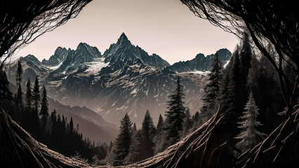 Wallpaper with forest and mountains, abstract texture, high contrast, minimalist graphics. Wallpaper in 4K resolution