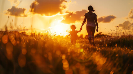 Naklejka na ściany i meble Mother and Child Walking Through Field at Sunset