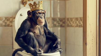 Monkey Wearing Crown on Toilet