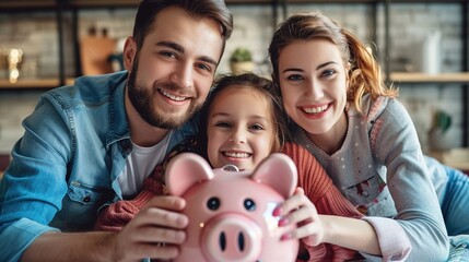 Smiling, happy young family together put coins in piggy bank to save money. Married couple are planning to save up finances. Savings, investments, financial freedom, business, hope for success. - obrazy, fototapety, plakaty