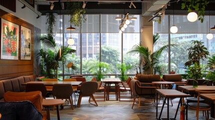Fototapeta premium Busy Restaurant Interior With Tables and Chairs