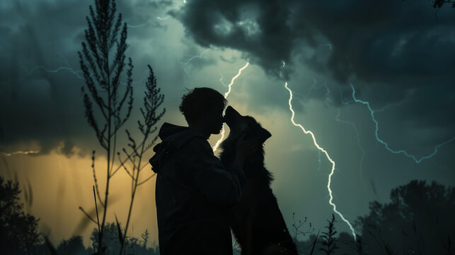 A person holding a dog close as lightning flashes in the sky, seeking comfort in the company of a loyal companion 