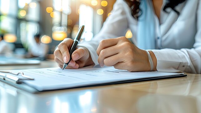 Close-up of hands signing a document on a clipboard in a brightly lit office.