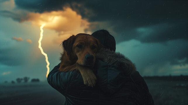 A person holding a dog close as lightning flashes in the sky