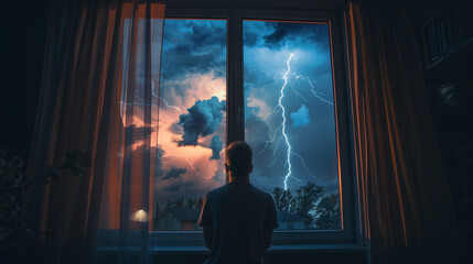 A person standing by a window, watching as lightning illuminates the night sky