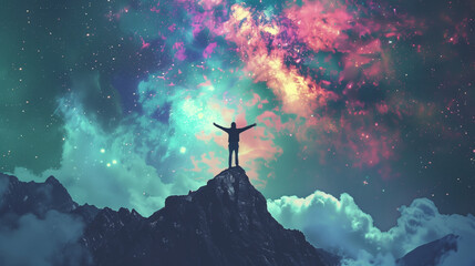 Person Standing on Mountain Under Colorful Sky - obrazy, fototapety, plakaty