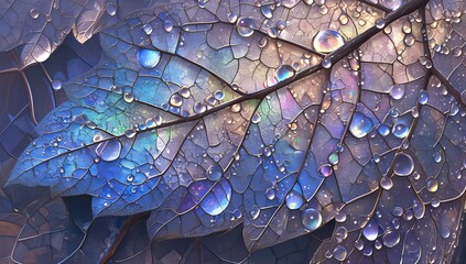 Closeup of the veins on an iridescent leaf, with raindrops reflecting light in various colors and creating intricate patterns on its surface. 