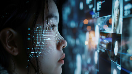 Woman Observing Futuristic Technology Wall