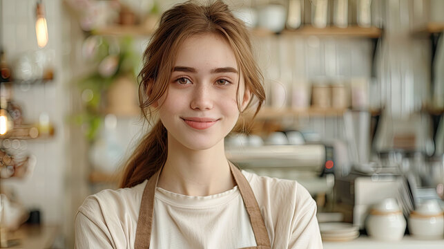 Confident young waitress smiling in a rustic cafe setting.