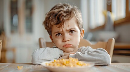 Young boy sulking over his food, seated at a table.