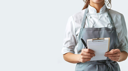 Professional chef with apron holding clipboard and pen.