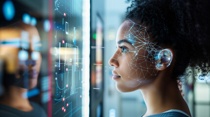 Woman Interacting With Futuristic ATM Interface