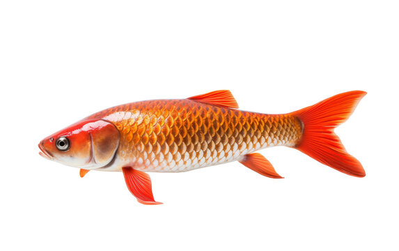 A red and white fish gracefully swimming on a clean white background