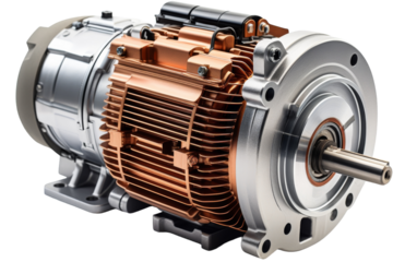 An electric motor, with wires and coils, sits on a pristine white background