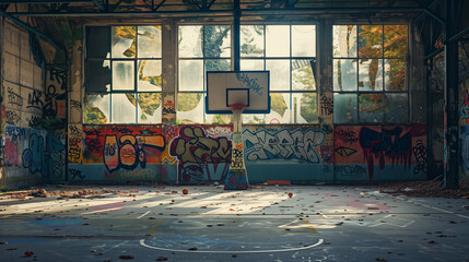 Abandoned Basketball Court Covered in Graffiti