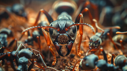 Colony of Ants Surrounding Ant Queen Inside Anthill - obrazy, fototapety, plakaty