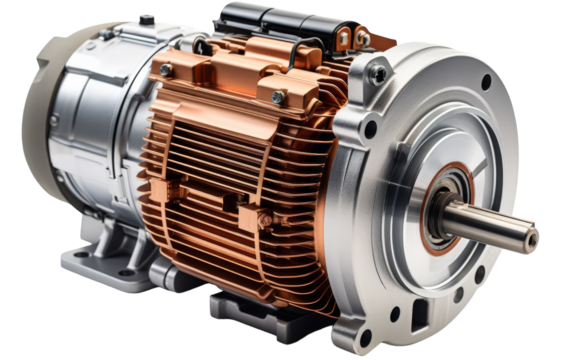 An electric motor, with wires and coils, sits on a pristine white background