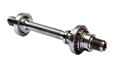 A detailed close-up of a shiny metal object on a plain white backdrop