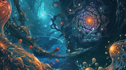 Abstract painting with swirling shapes and colors. There are also jellyfish-like creatures and what looks like a spiral galaxy.