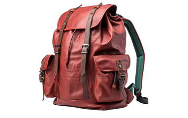 A red leather backpack adorned with a striking green strap stands out against a natural backdrop