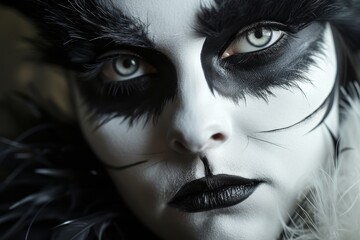 Mysterious person with dramatic black and white makeup and feathered costume
