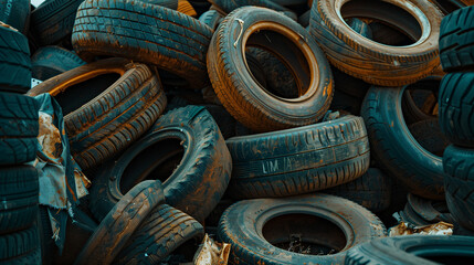 Stack of Old Tires in Junkyard - obrazy, fototapety, plakaty
