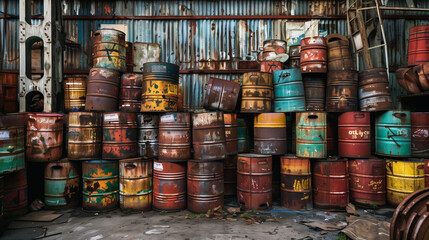 Stack of Toxic Waste Barrels in Abandoned Warehouse - obrazy, fototapety, plakaty