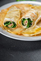 crepe savory pancakes ham and lettuce fresh food tasty eating cooking appetizer meal food snack on the table copy space food background