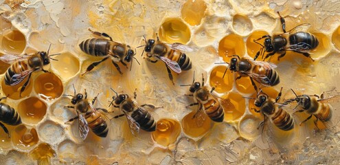 A colony of honeybees gathers on a honeycomb in the beehive - obrazy, fototapety, plakaty