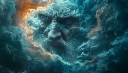 The face of an angry God among the clouds. Biblical Apocalypse