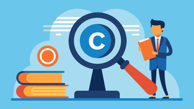 A courtroom scene with a magnifying glass highlighting the issue of ownership and originality in a copyright infringement case.