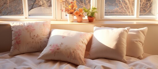 Pair of soft pillows arranged neatly on a comfortable bed, situated close to a large window with a view