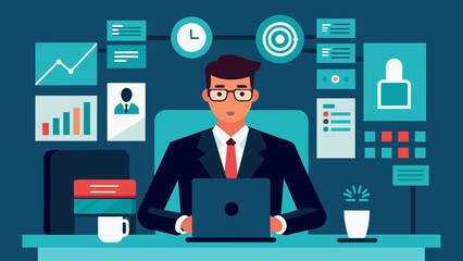 A professional in a suit sitting at a desk surrounded by screens displaying reports and data. The caption reads Legal expert specializing in