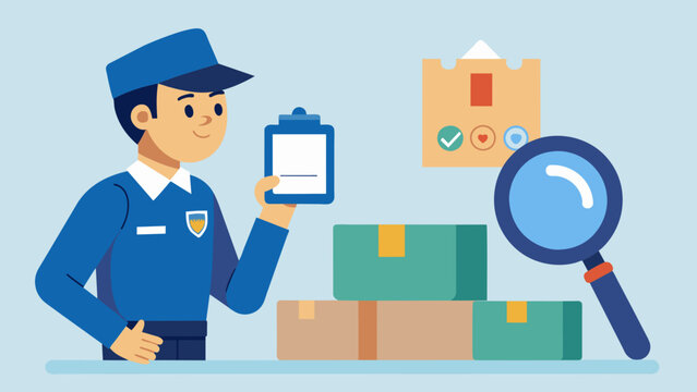 A photograph of a customs agent examining a shipment of goods through a magnifying glass with a customs declaration form and a barcode scanner