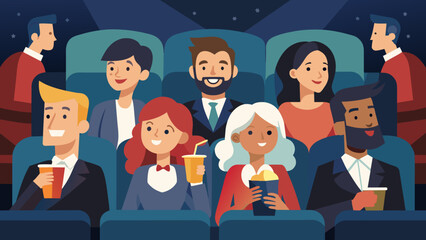 A team of law associates enjoys a night out at a theater watching a popular Broadway show. - obrazy, fototapety, plakaty
