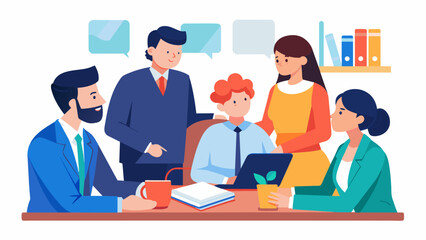 Fototapeta premium A team of legal advisors meets with a business owner in their office providing guidance on navigating complex legal regulations.