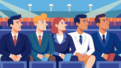 A group of lawyers wearing business attire sits in the stands at a stadium watching a baseball game.
