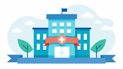 An illustration of a medical facility with a banner stating that it is dedicated to providing healthcare services to corporation employees.