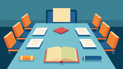 A photograph of a conference room with folders and documents spread out on the table representing the collaborative effort and attention to