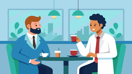Two lawyers in professional attire confer over coffee in a bustling hospital cafe. They discuss the legal implications of a new healthcare law