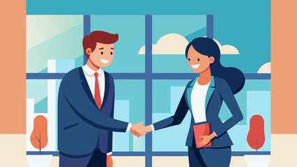 Fototapeta premium A man and woman both wearing suits are standing in front of a large window shaking hands with smiles on their faces. The sunlight streaming in