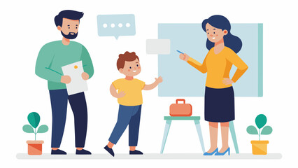 A man and a woman stand next to a whiteboard pointing to different sections as they discuss a parenting plan with the help of a mediator. In