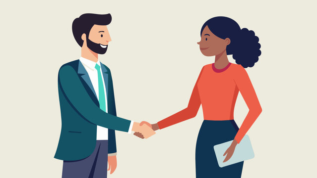 An image of a handshake between a man and woman framed against a blank background conveys the message of professionalism and mutual respect in
