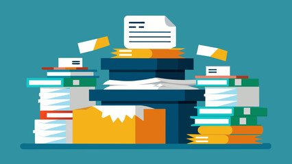 A stack of unpaid bills overdue notices and collection letters piled high on a cluttered desk. The image depicts the overwhelming debt and