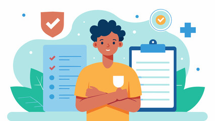 An illustration of a patient with their arms crossed standing confidently in front of a list of their rights including the right to informed - obrazy, fototapety, plakaty