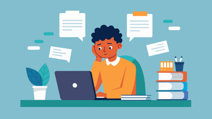Fototapeta premium A person looks frustrated and overwhelmed while sitting at their desk surrounded by piles of paperwork and a computer screen showing harassing