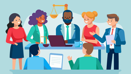 A group of diverse employees at a meeting with a legal counsel guiding and providing advice on discrimination policies and procedures.