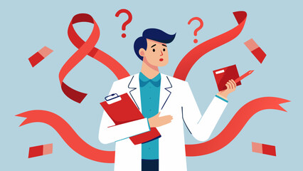 An illustration of a doctor with a clipboard surrounded by question marks and red tape representing the stress and uncertainty of being under