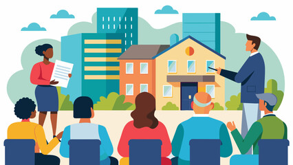 A community center hosts a workshop on the Fair Housing Act with a diverse audience of tenants landlords and real estate professionals learning - obrazy, fototapety, plakaty